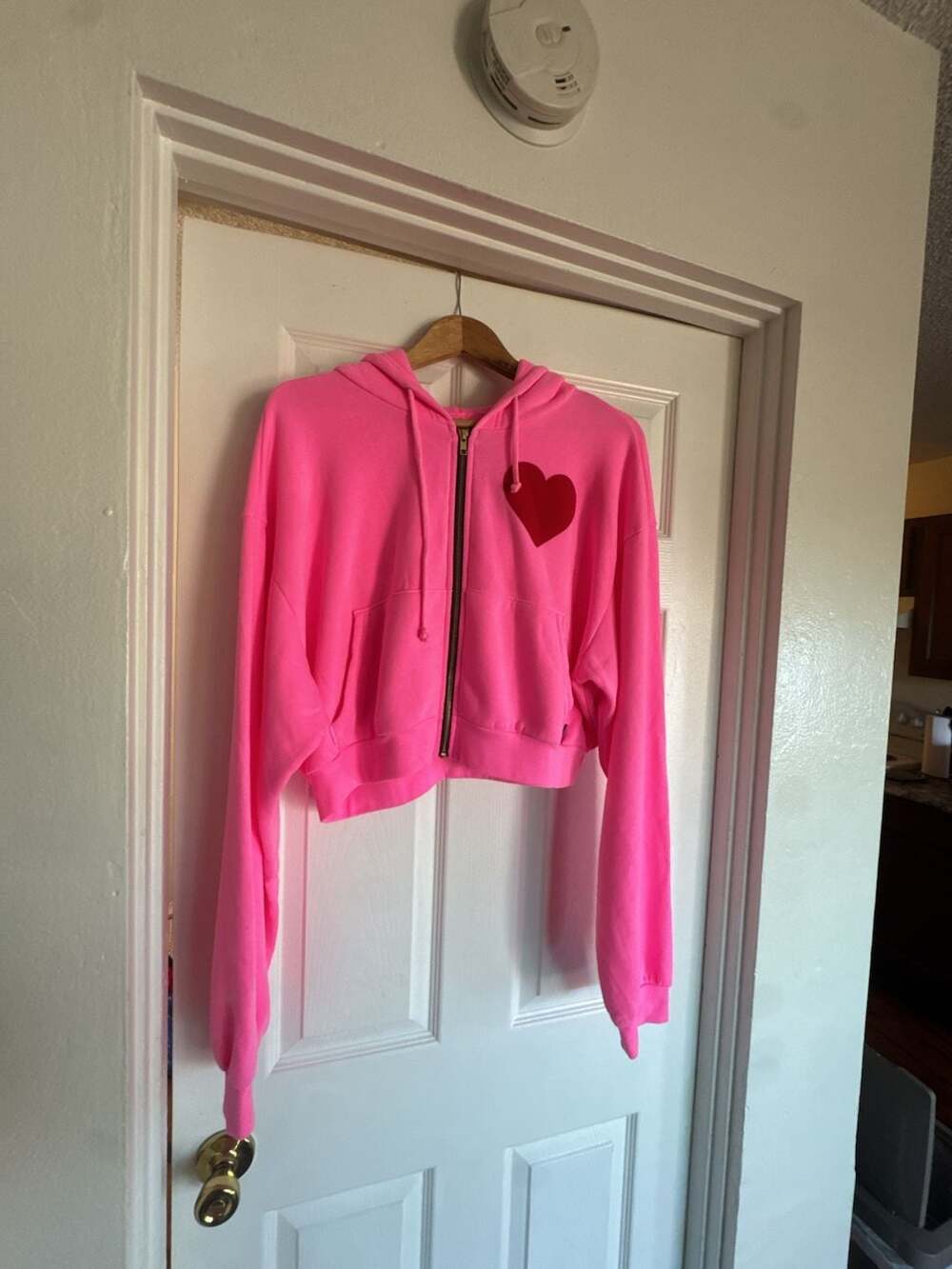 Aviator Nation Neon Pink Heart Zip-Up Cropped Hoodie Size L